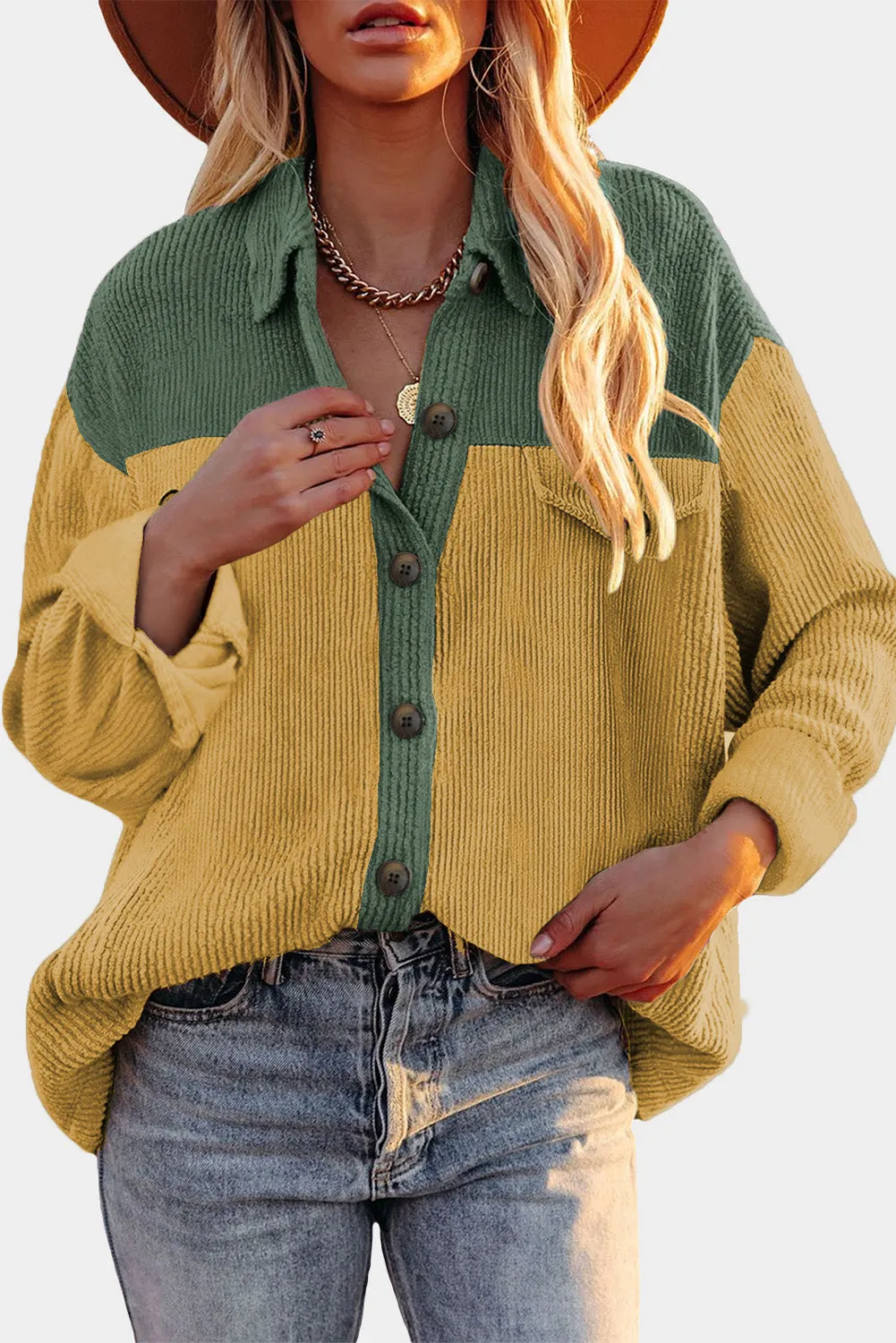 Buttoned Color Block Corduroy Jacket