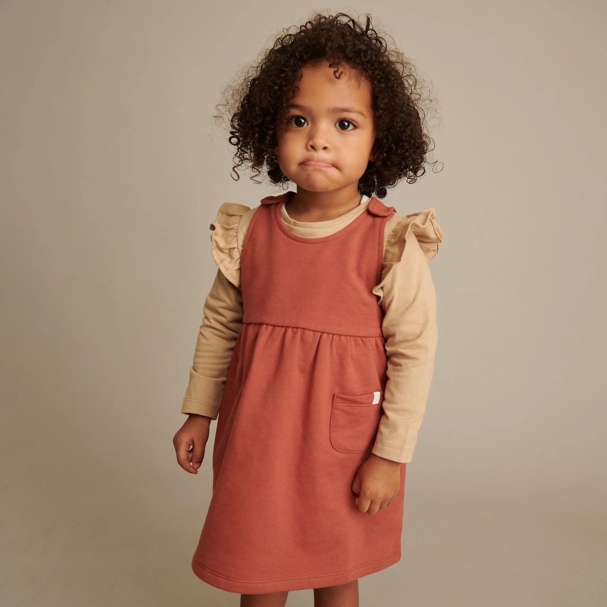 Caramel & Terracotta Dress, Ruffle T-Shirt & Cardigan Day Outfit