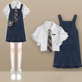 Chic Pocket Lapel Tie Shirt and Denim Overall Dress Set