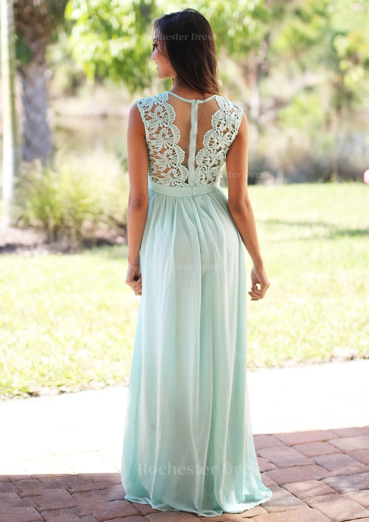 Chiffon Long/Floor-Length A-Line/Princess Sleeveless Bateau Zipper Prom Dress With Appliqued