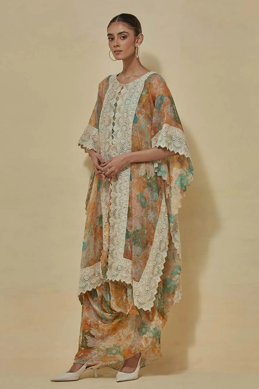 Chiffon Printed Dress With Organza Cape