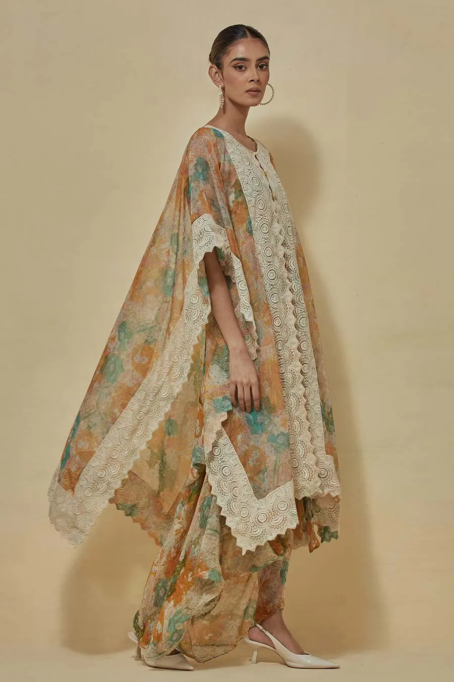 Chiffon Printed Dress With Organza Cape