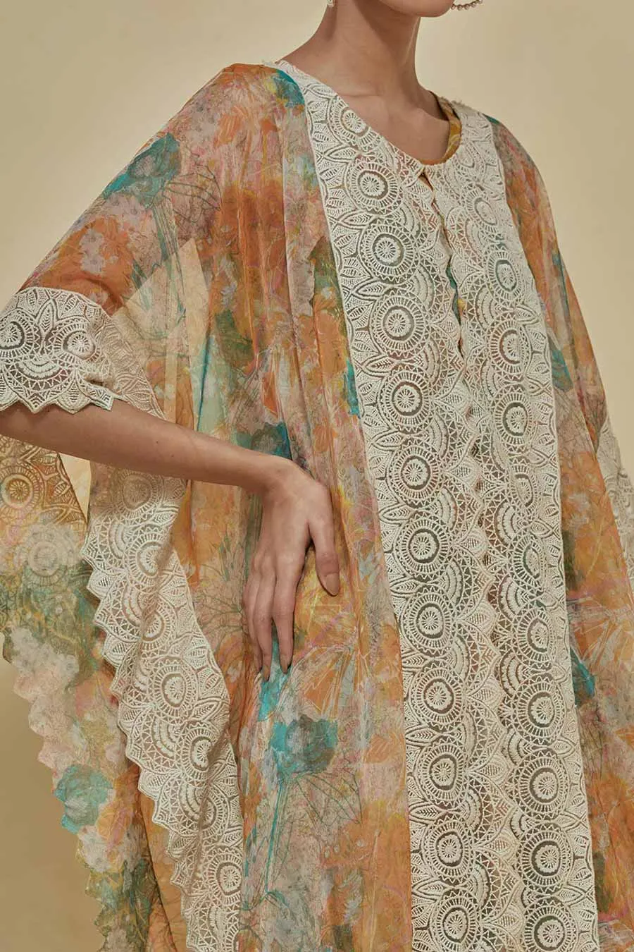 Chiffon Printed Dress With Organza Cape