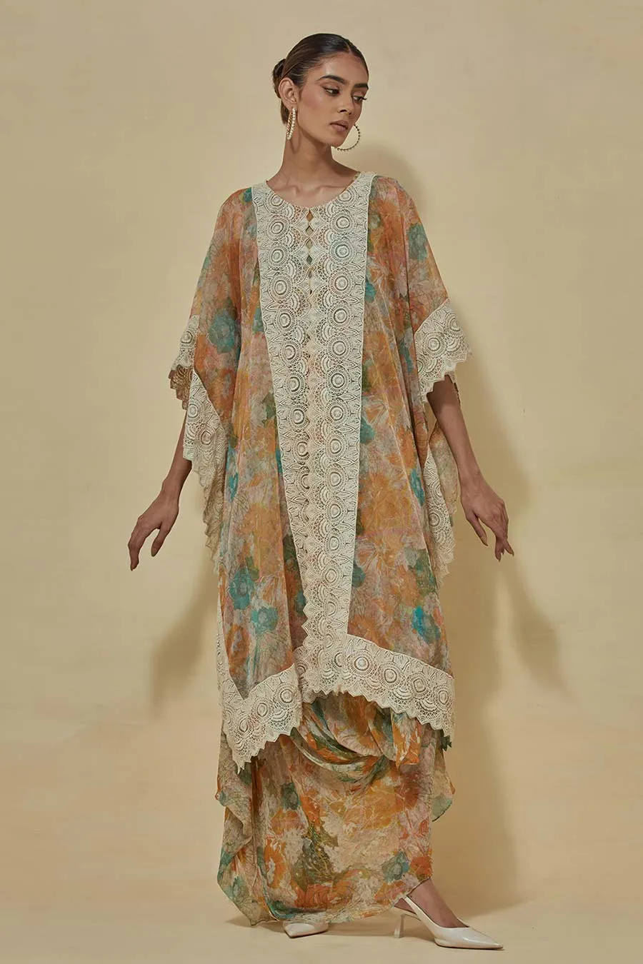 Chiffon Printed Dress With Organza Cape