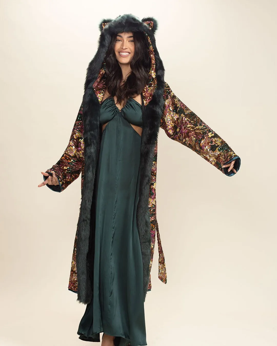 Classic Women's Long Sequin Coat | Oasis Emerald Green