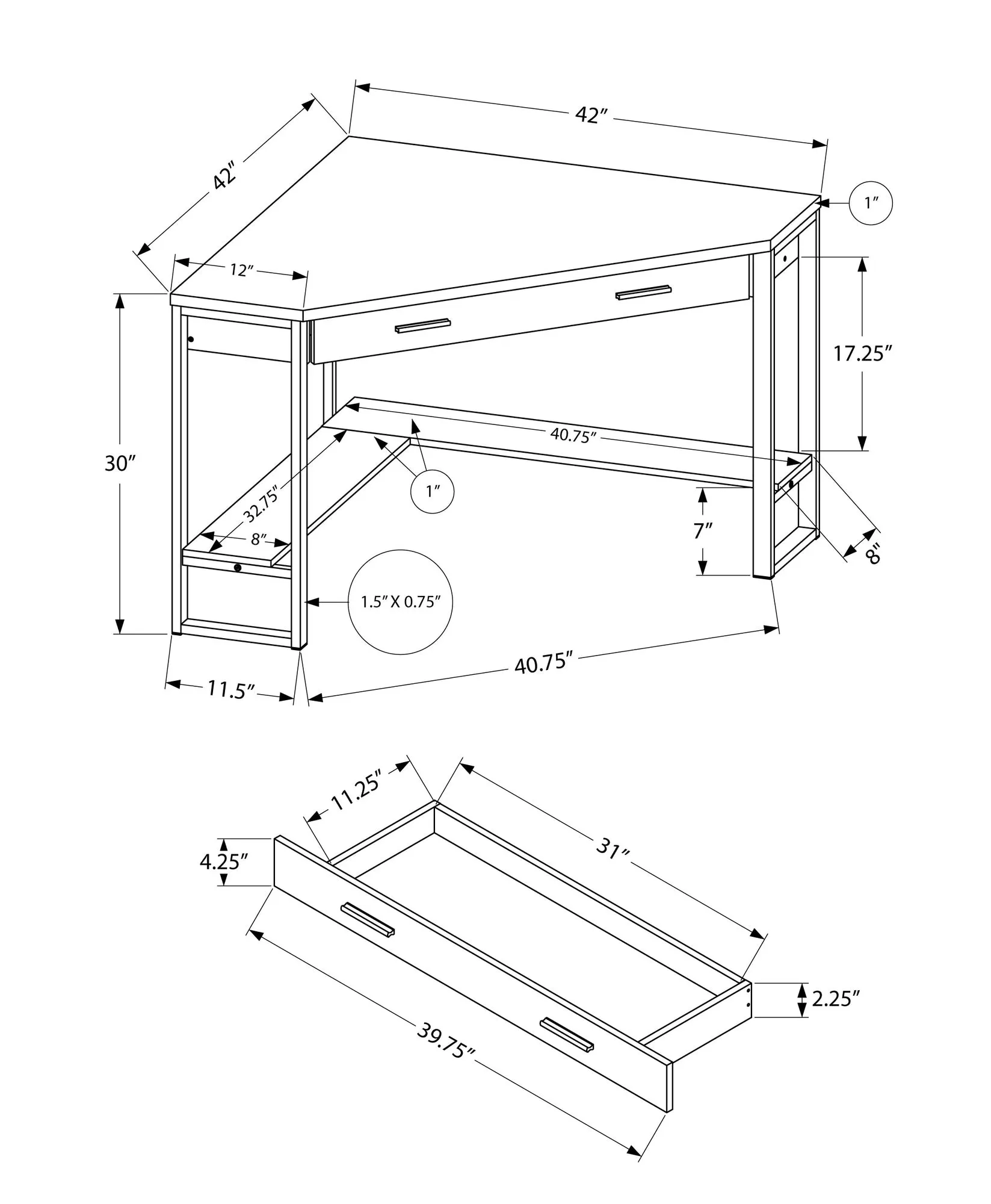 Computer Desk - 42"L / Black / Grey Top Corner / Black