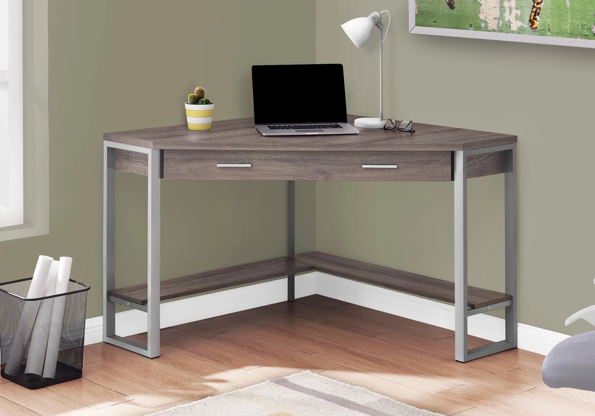 Computer Desk - 42"L / Dark Taupe Corner / Silver Metal