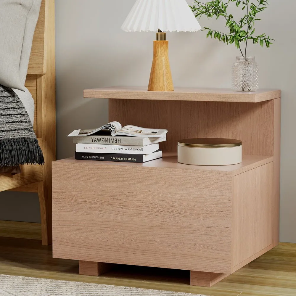 Contemporary Bedside Table with Shelf & Drawer - Pine