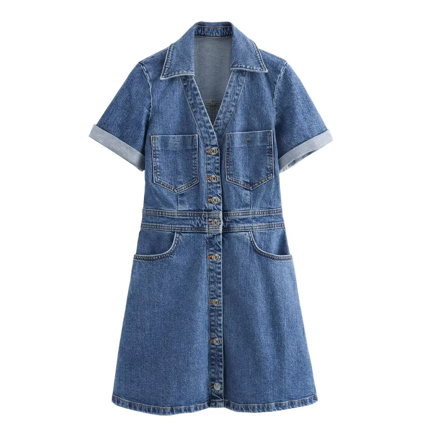 Dark Blue/Light Blue A-line Short Sleeve Denim Mini Shirt Dress