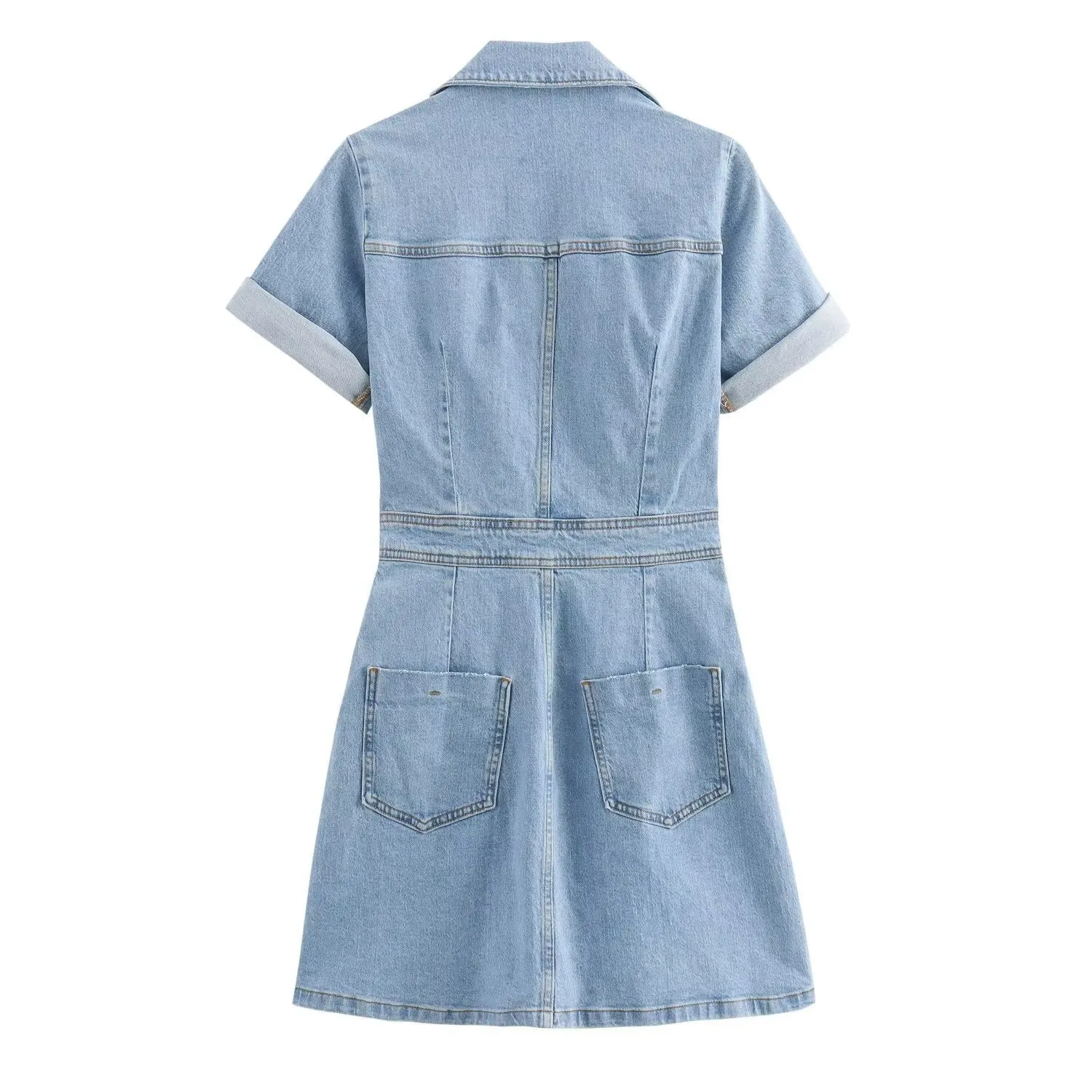 Dark Blue/Light Blue A-line Short Sleeve Denim Mini Shirt Dress