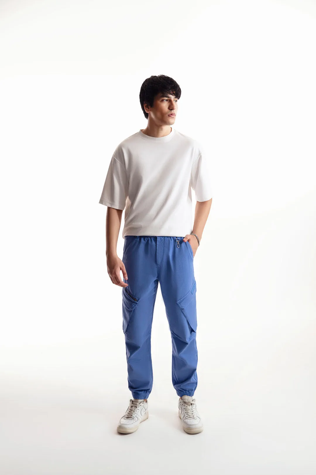 Denim Blue Cargo Pants With Rubber Tag