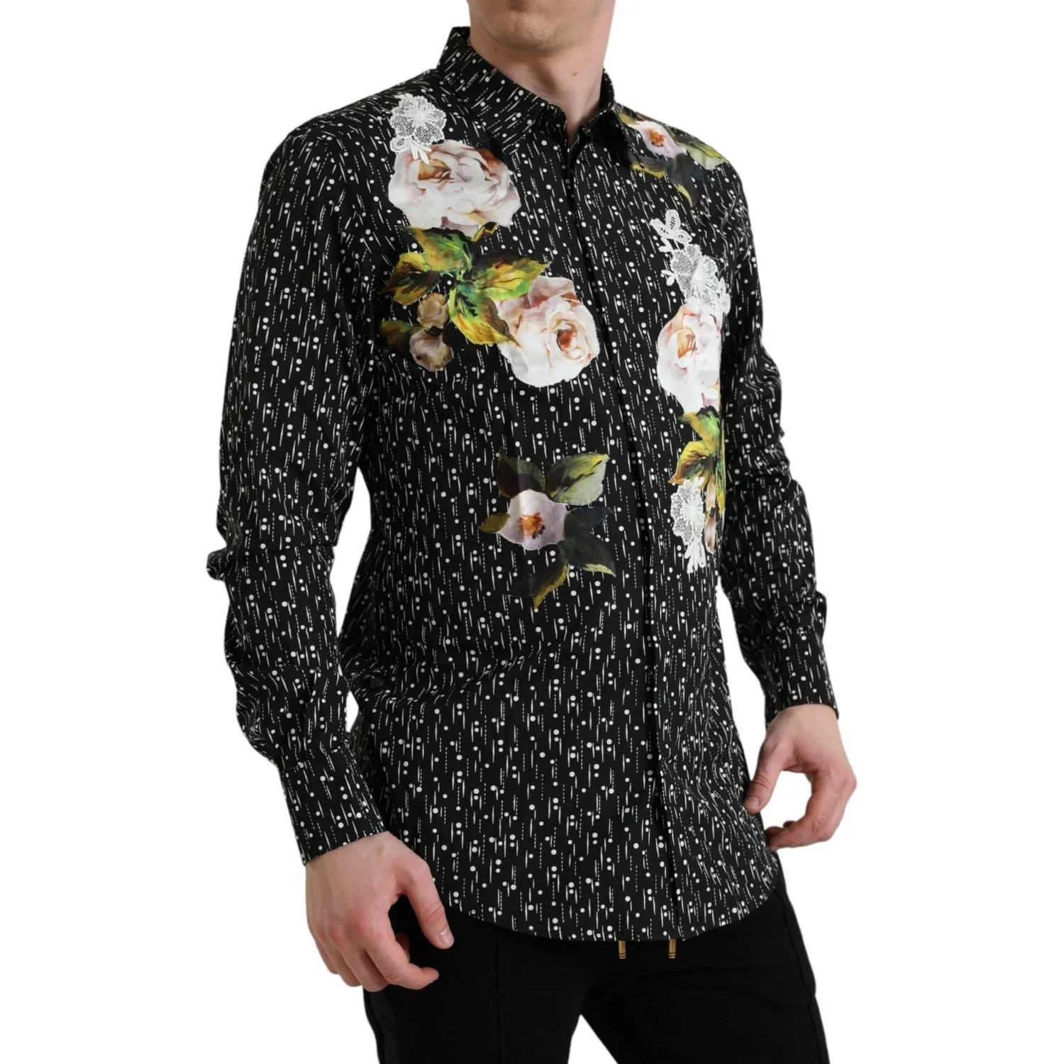 Dolce & Gabbana Black Floral Men Formal Dress GOLD Shirt