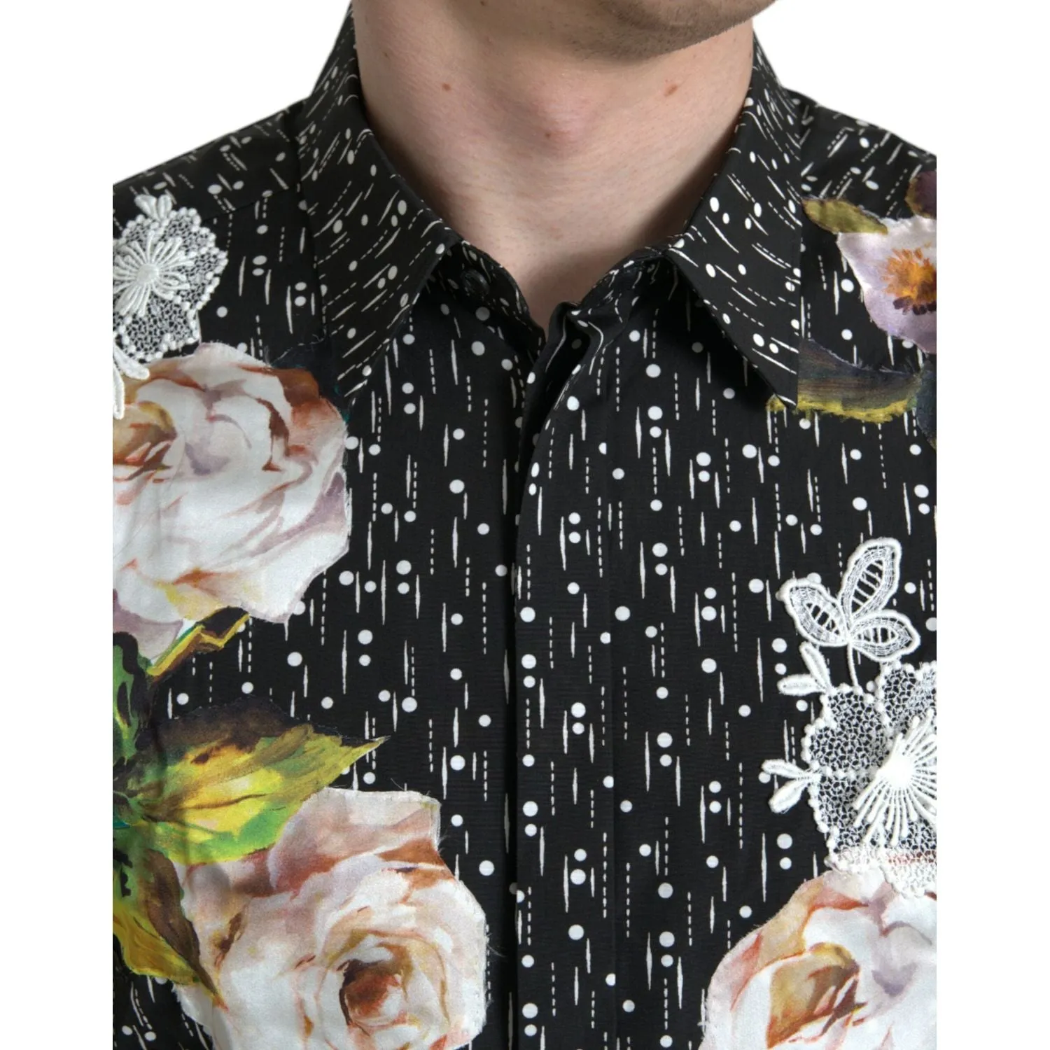 Dolce & Gabbana Black Floral Men Formal Dress GOLD Shirt