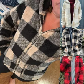 Double Take Full Size Plaid Long Sleeve Hooded Coat