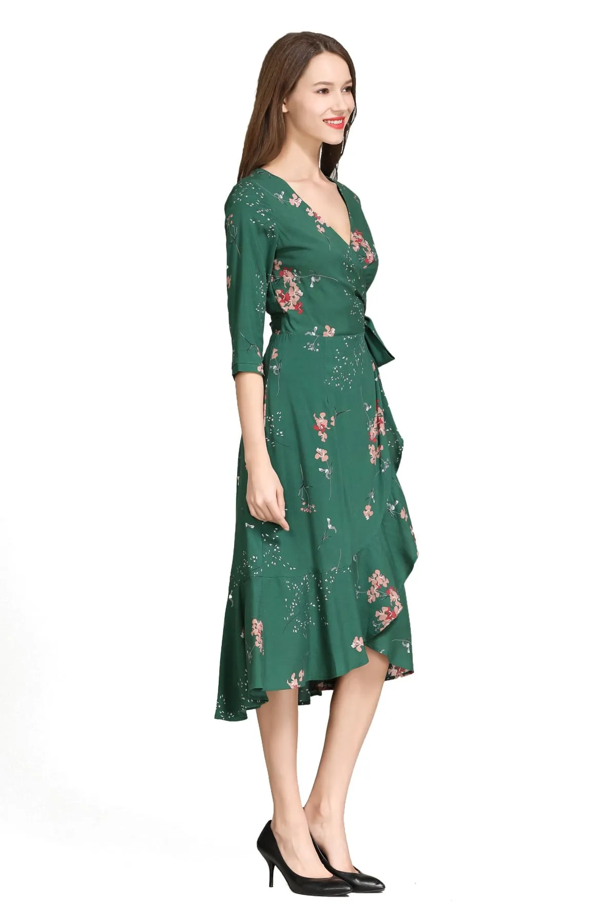 Elegant Pink Blossom Emerald Green Ruffle Wrap Dress