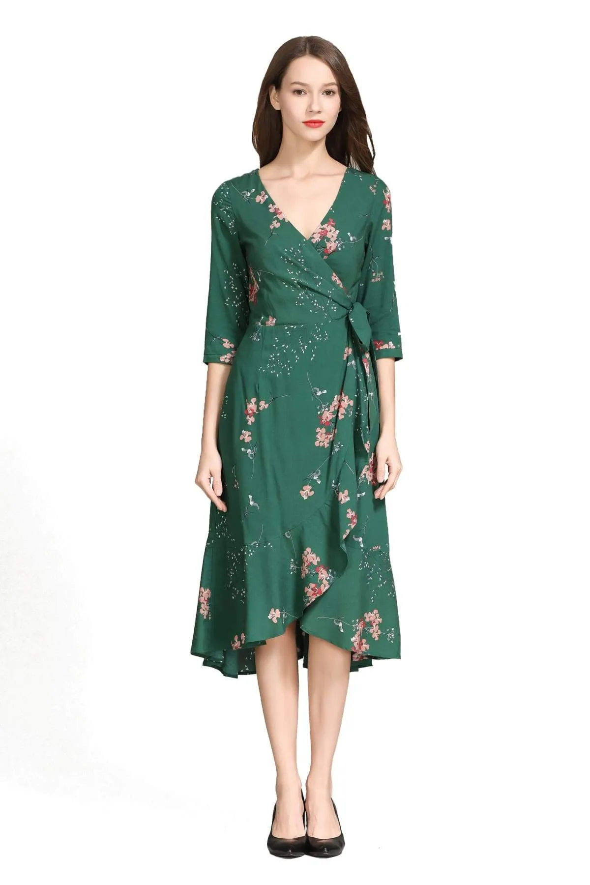 Elegant Pink Blossom Emerald Green Ruffle Wrap Dress