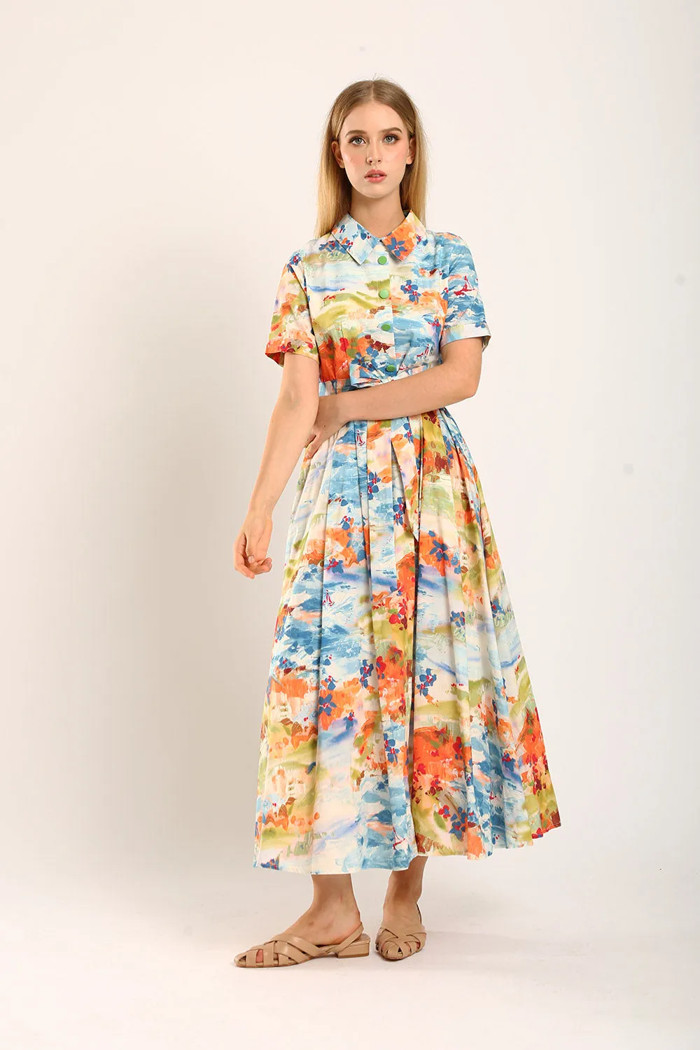 Erinn Collar Maxi Printed Dress in Blue Floral