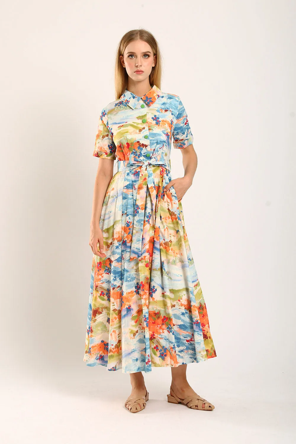 Erinn Collar Maxi Printed Dress in Blue Floral