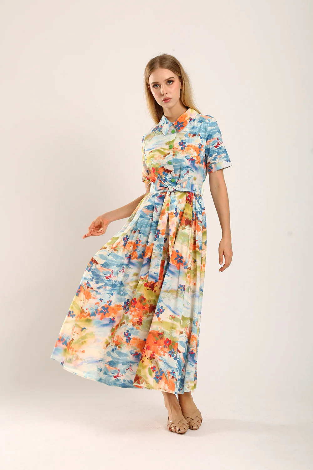 Erinn Collar Maxi Printed Dress in Blue Floral