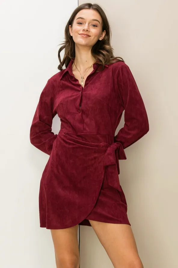 Faux Suede Button Front Tie-Belt Mini Dress