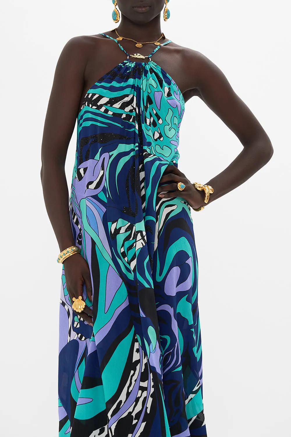 GATHER NECK HALTER MAXI DRESS VIVIDLY VENICE