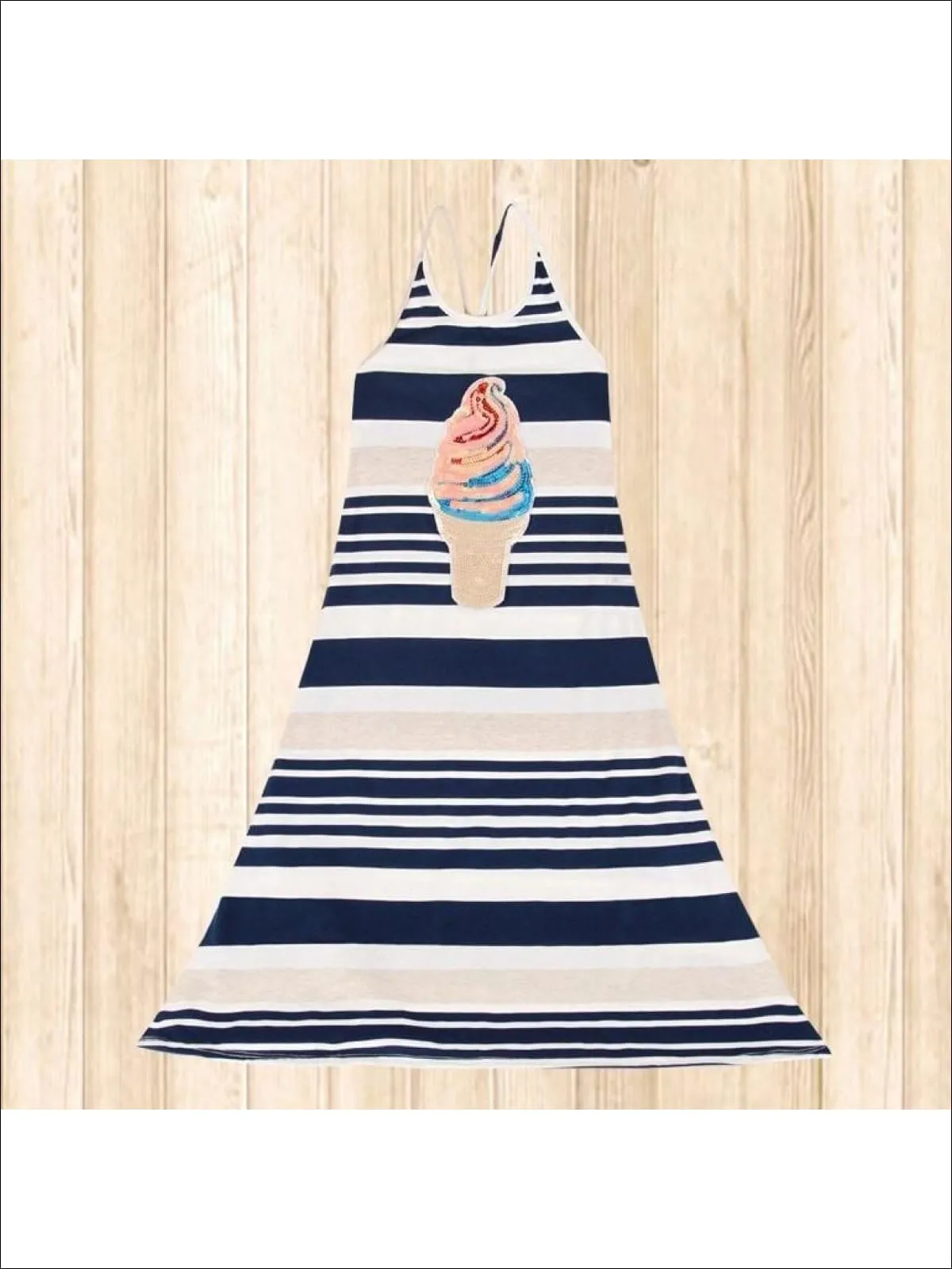 Girls Navy And Oatmeal Striped Ice Cream Applique Maxi Dress