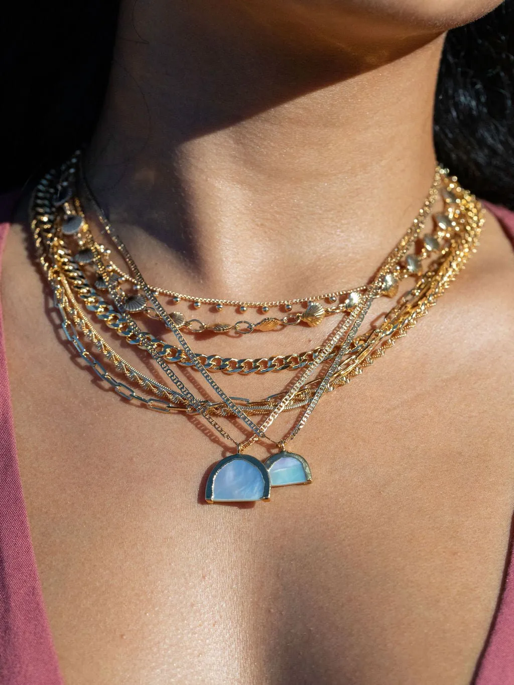 Gold Rainbow Mother of Pearl Shell Chain Necklace - Ānuenue