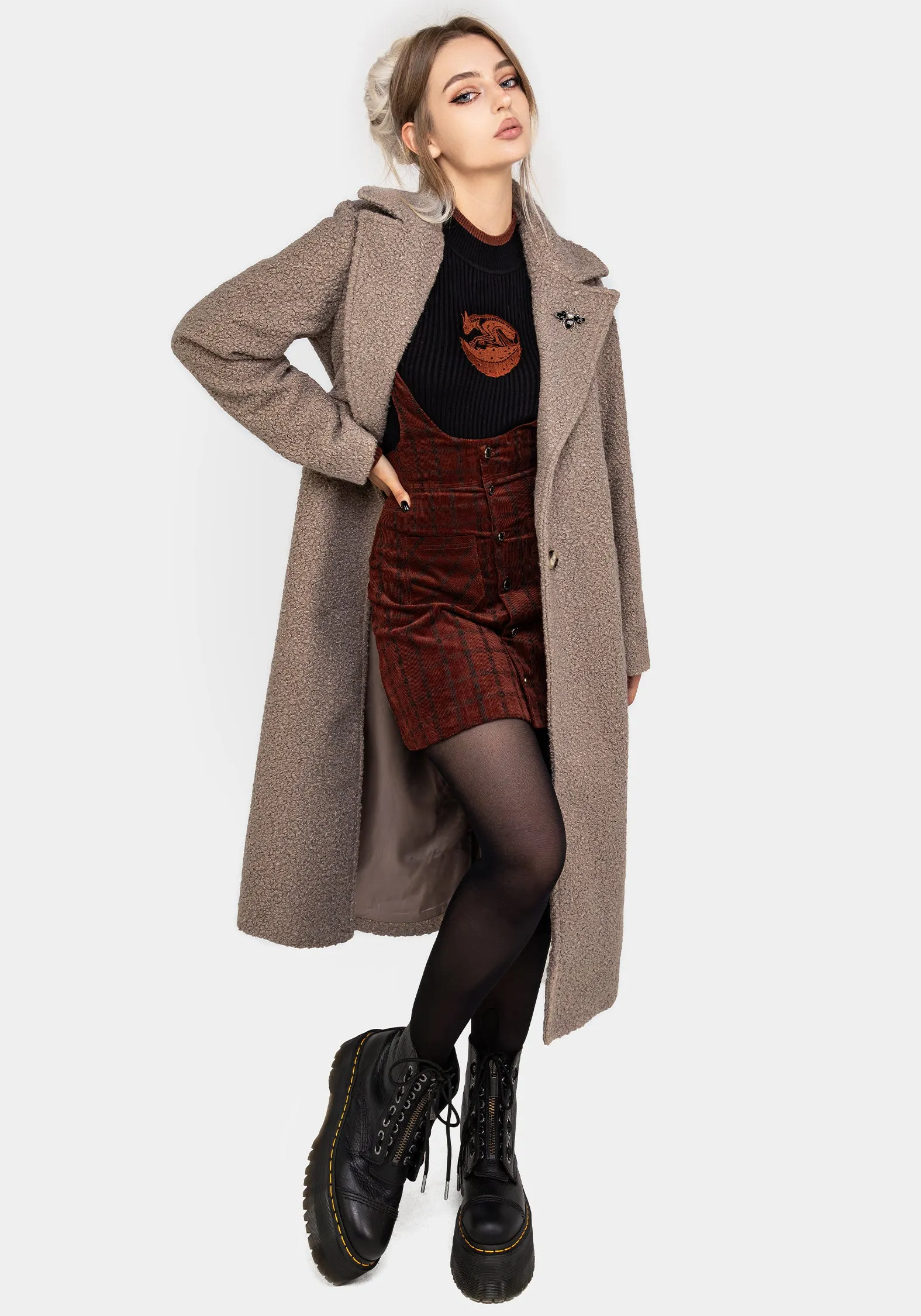 Gorgon Bouclé Longline Oversized Coat with Bee Brooch - Taupe