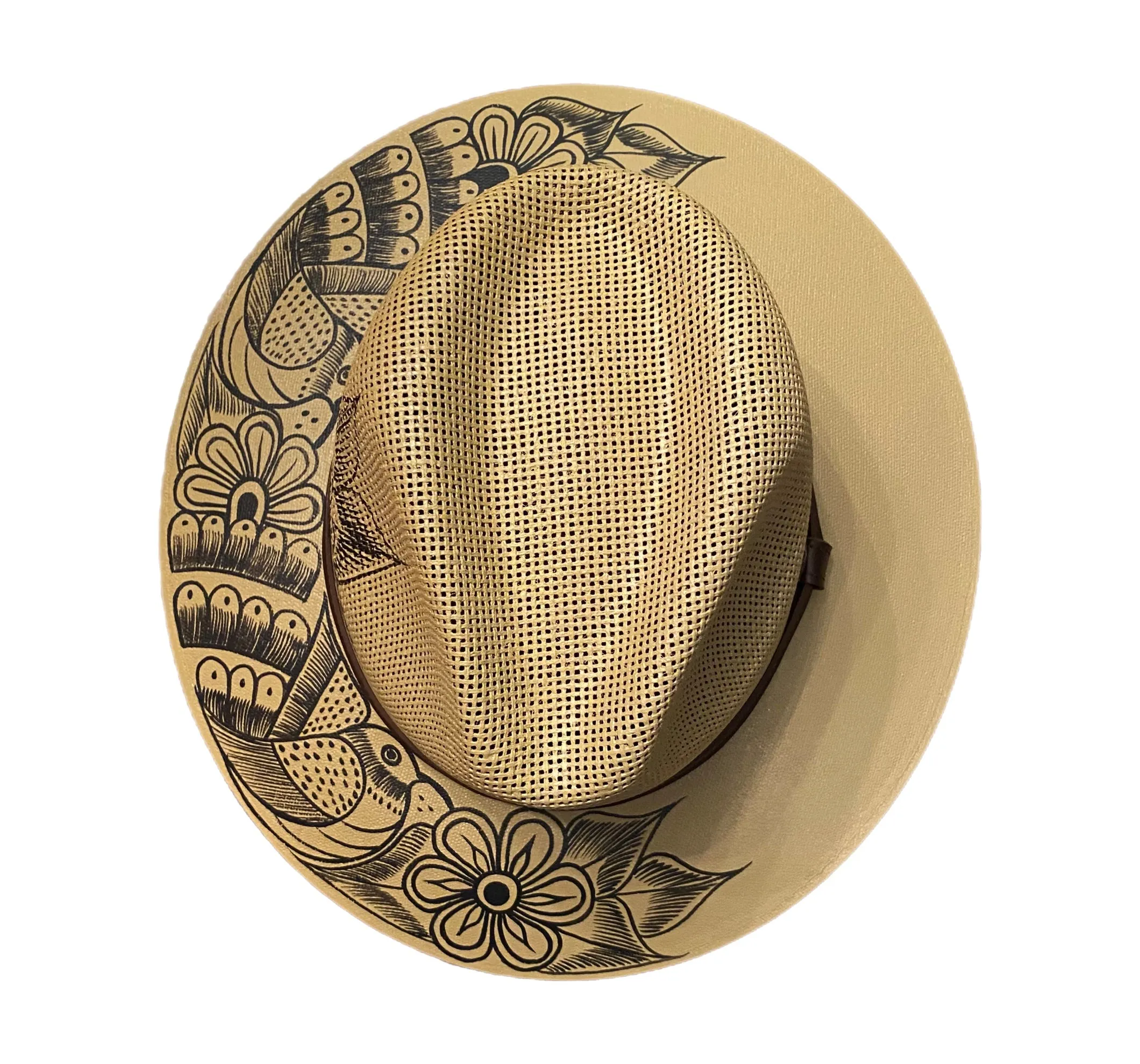 Hand-painted Hat from Mexico - Birds - Khaki, Black