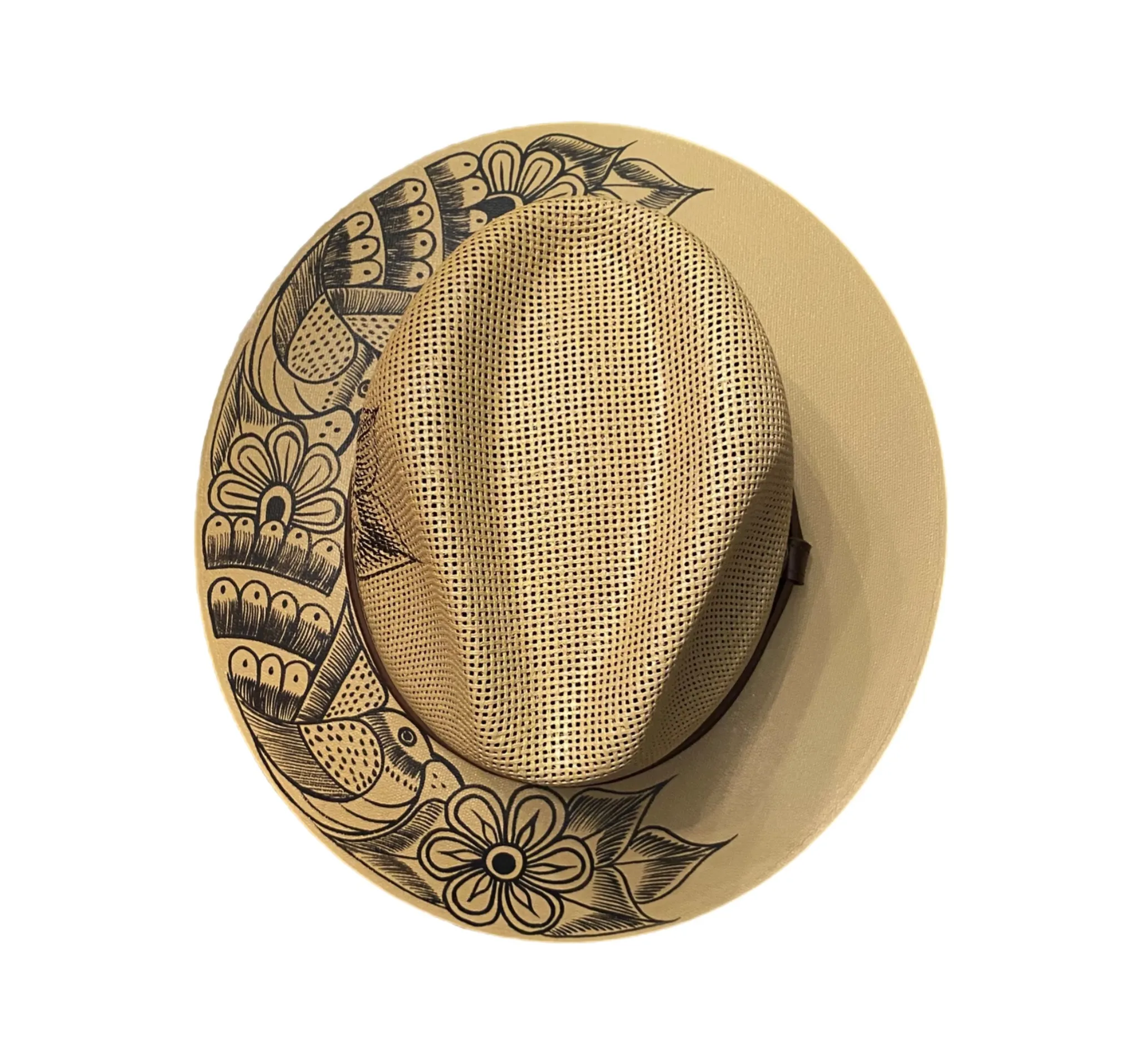 Hand-painted Hat from Mexico - Birds - Khaki, Black