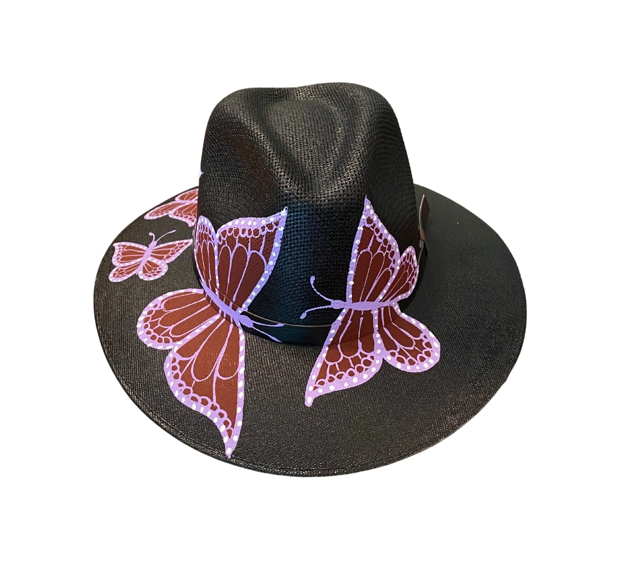 Hand-painted Hat from Mexico - Butterflies -Black, Purple