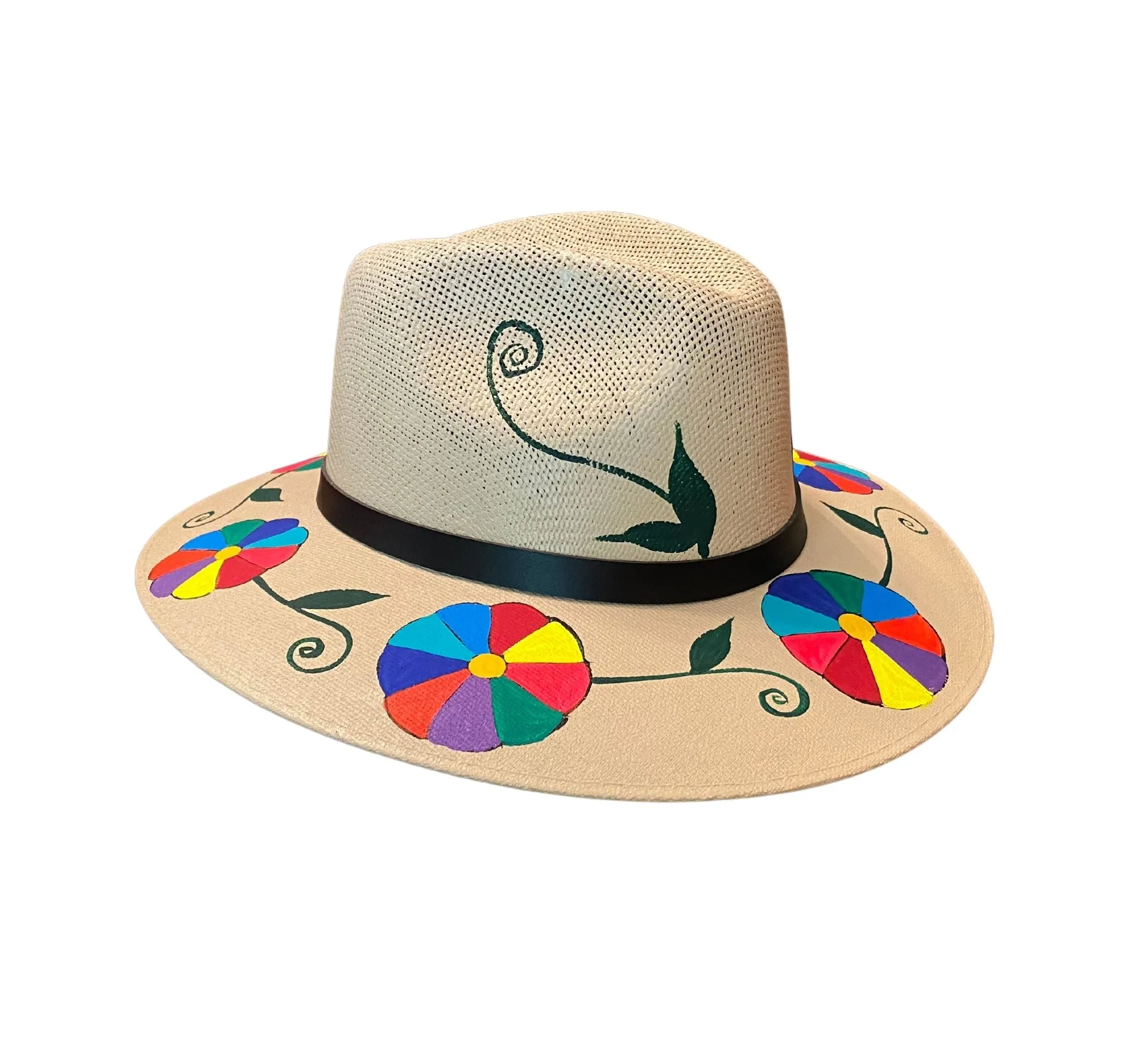 Hand-painted Hat from Mexico - Floral - Sand, Multi-Color