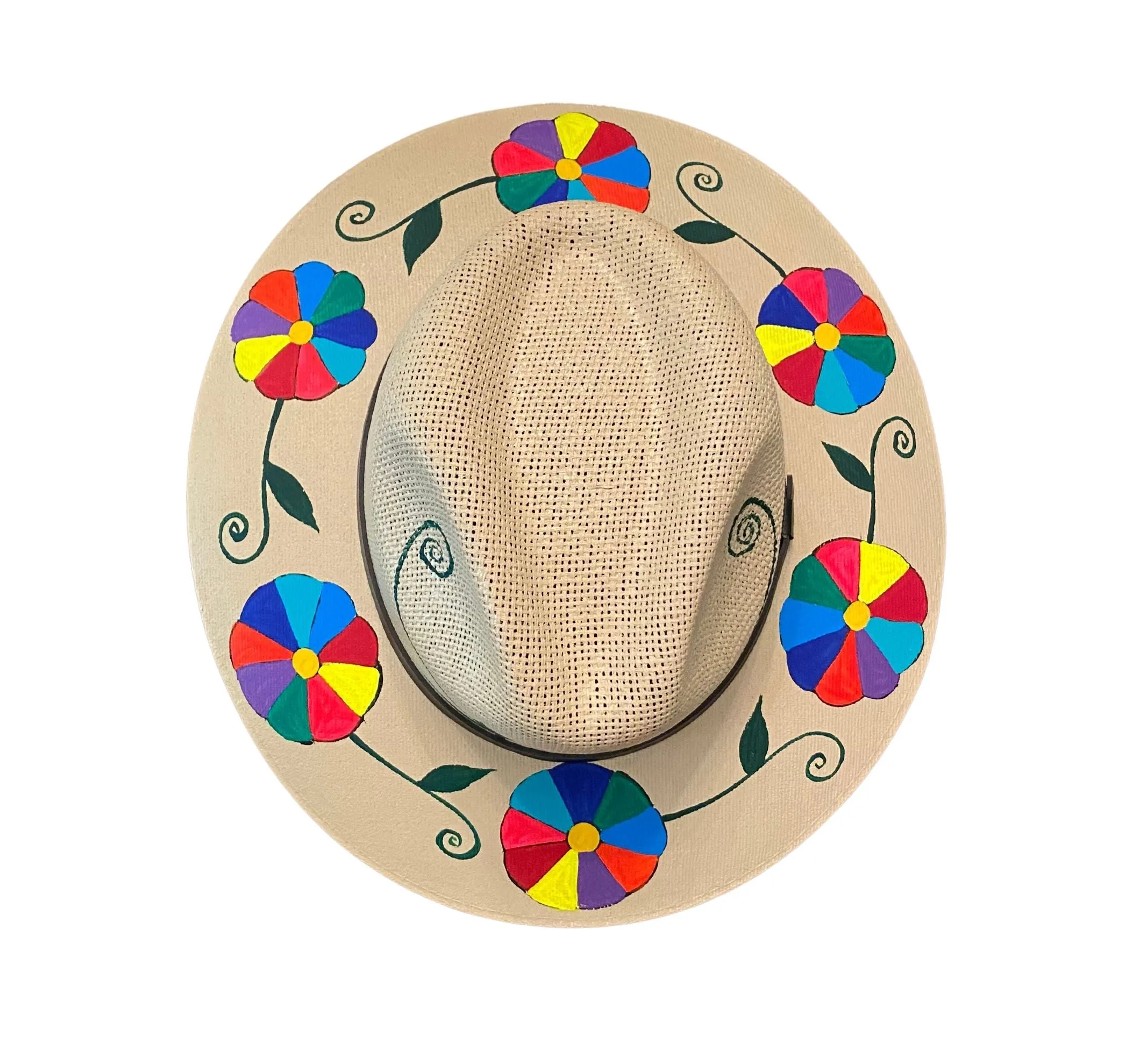 Hand-painted Hat from Mexico - Floral - Sand, Multi-Color