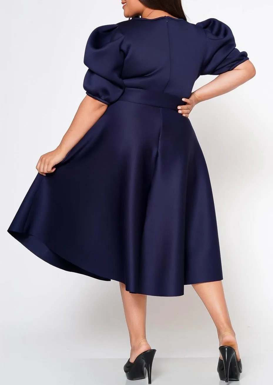 Hi Curvy Plus Size Women Flare Scuba Midi Dress With Pockets and Belt