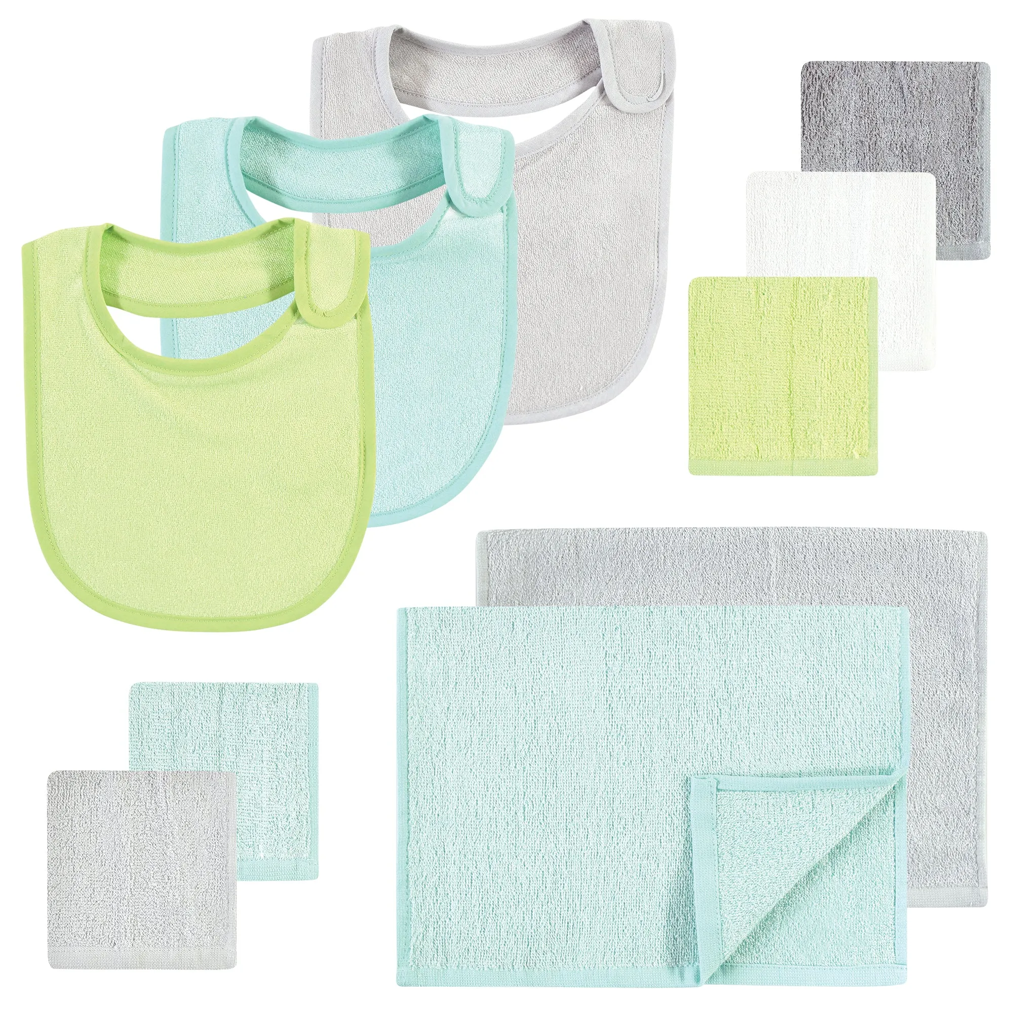 Hudson Baby Rayon from Bamboo Bib, Burp Cloth and Washcloth 10Pk, Gray Mint Lime