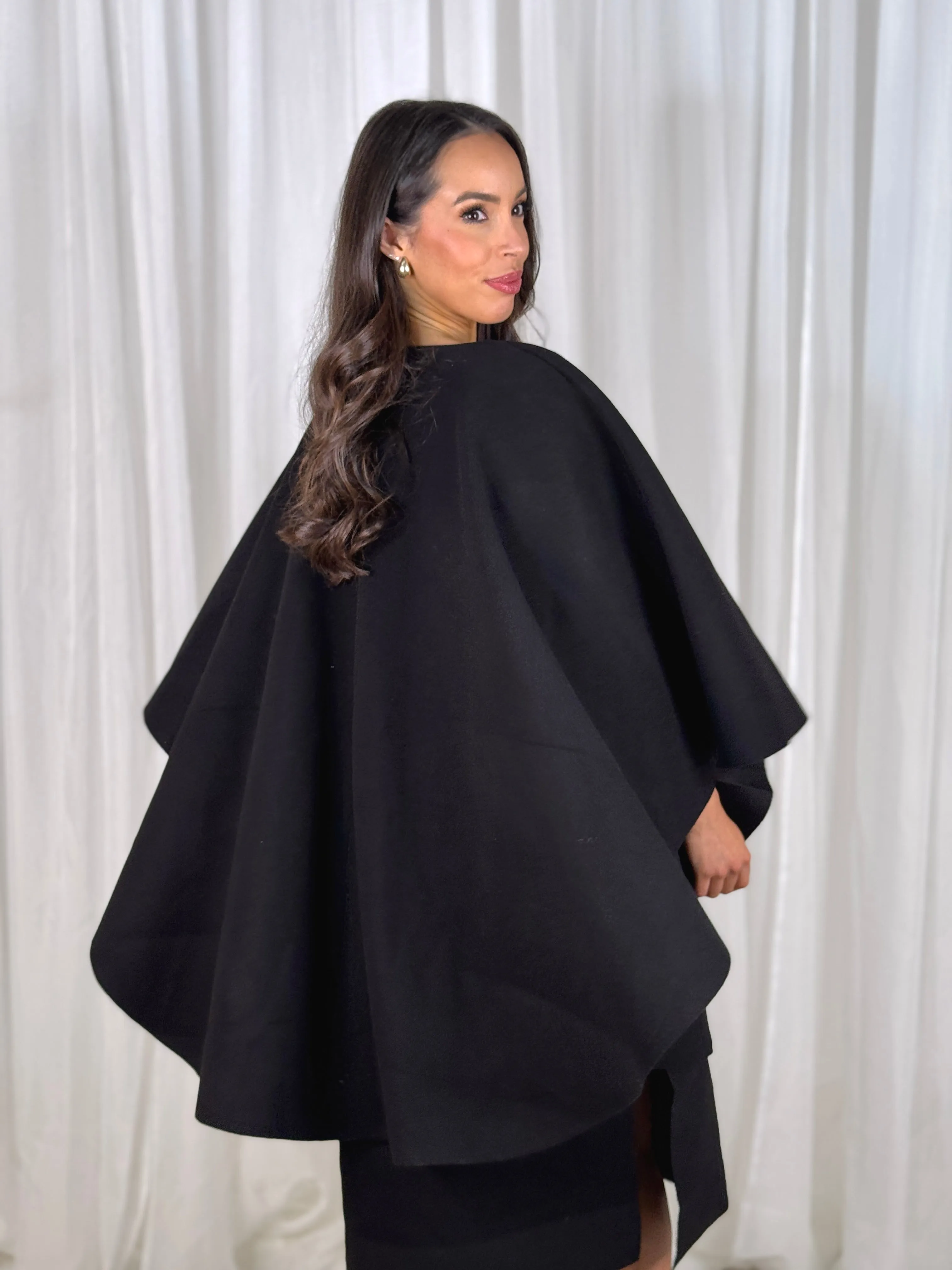 Indie Cape Overlay Coat In Black