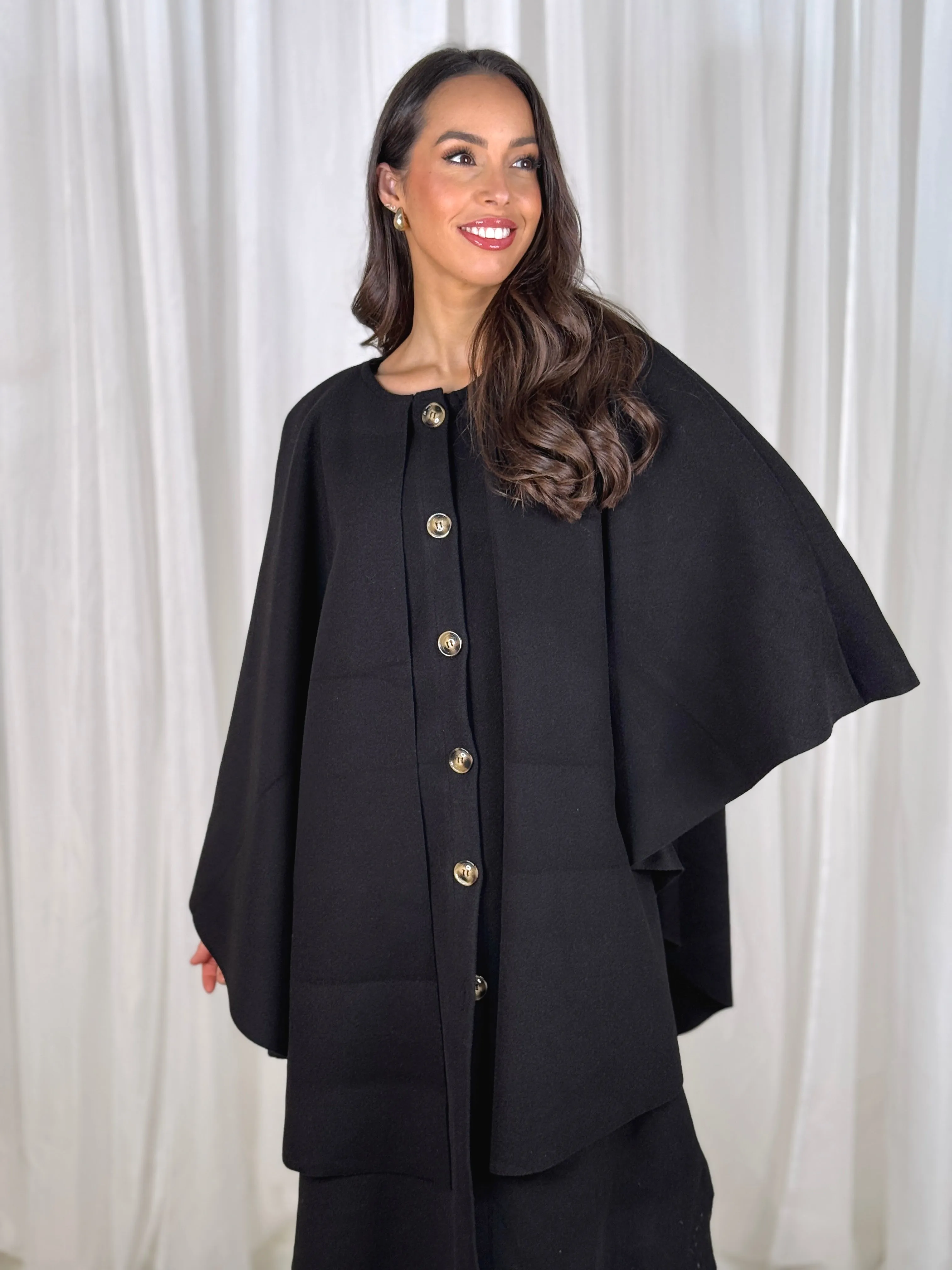 Indie Cape Overlay Coat In Black