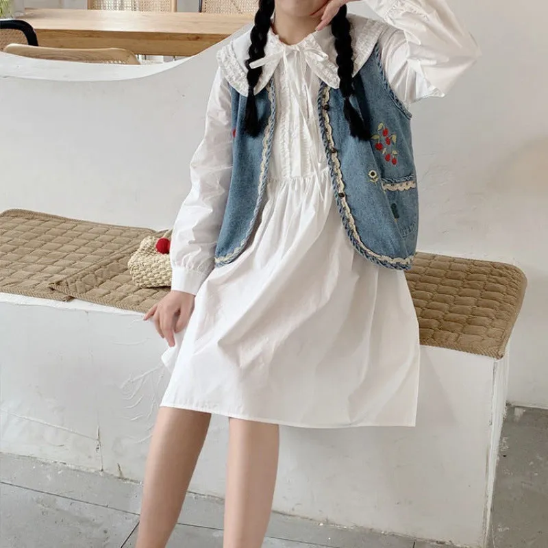 Japanese retro vintage mori embroidery applique lace trim vest sleeveless cardigan girls top