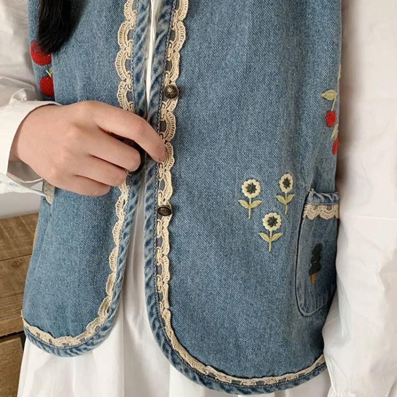 Japanese retro vintage mori embroidery applique lace trim vest sleeveless cardigan girls top