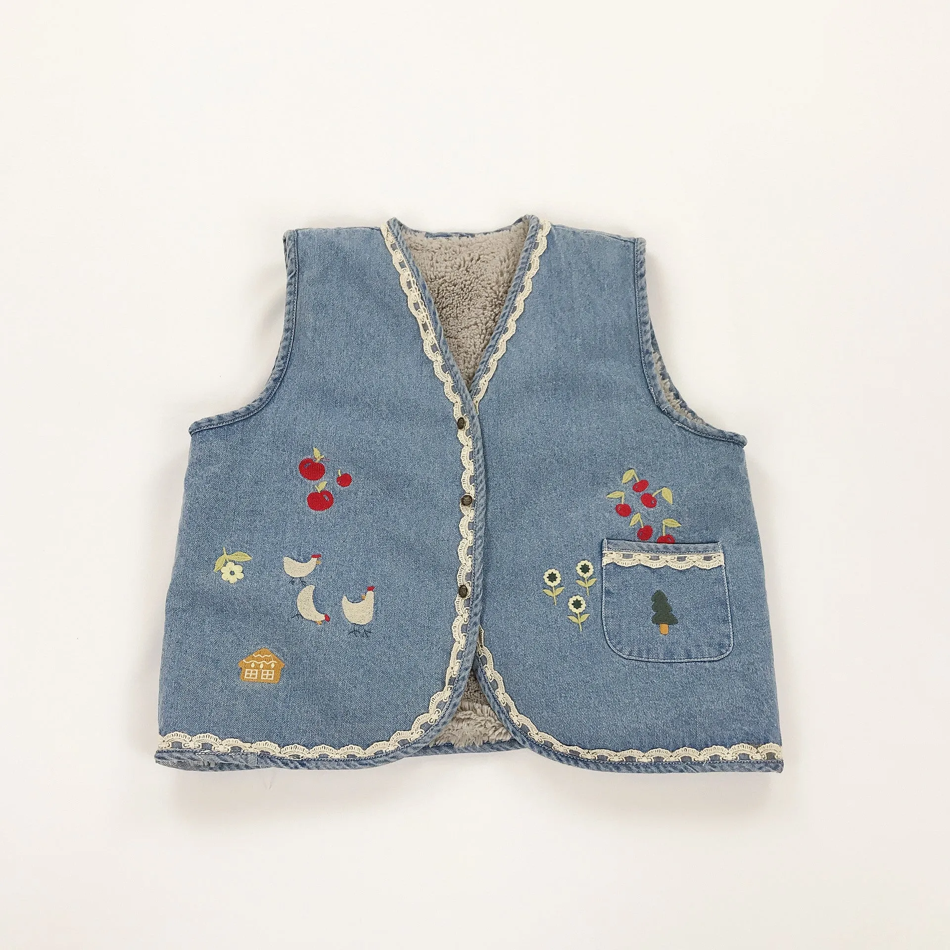 Japanese retro vintage mori embroidery applique lace trim vest sleeveless cardigan girls top