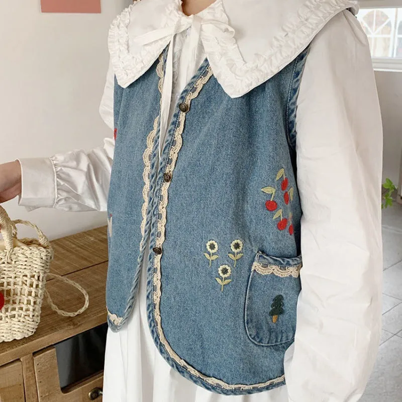 Japanese retro vintage mori embroidery applique lace trim vest sleeveless cardigan girls top