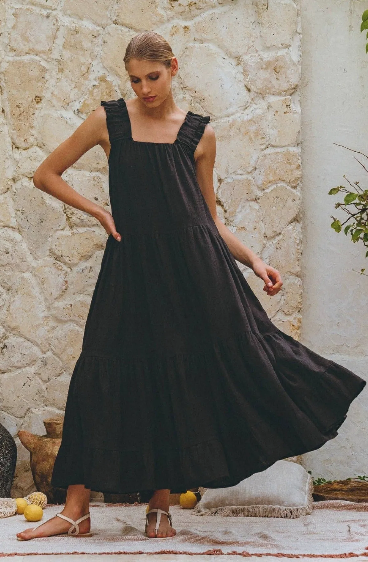 La Palma Black Linen Maxi Dress