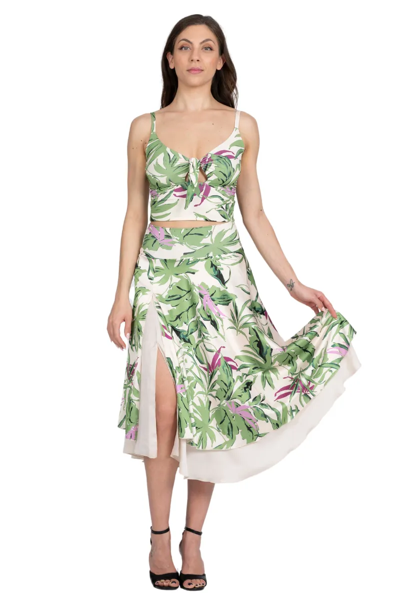 Leaf Print Two-layer Satin Dance Skirt