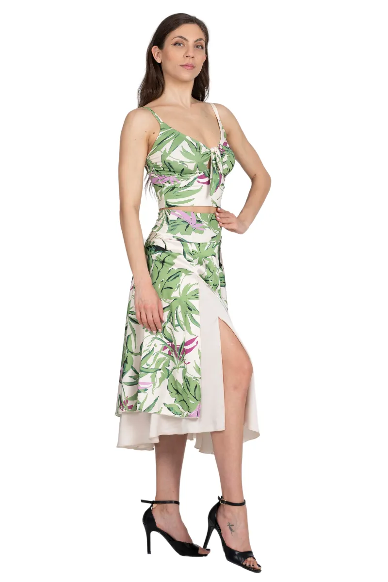 Leaf Print Two-layer Satin Dance Skirt