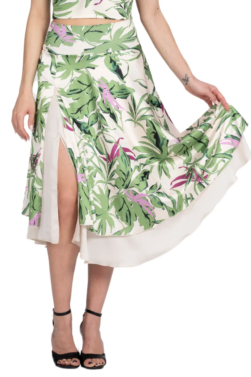 Leaf Print Two-layer Satin Dance Skirt