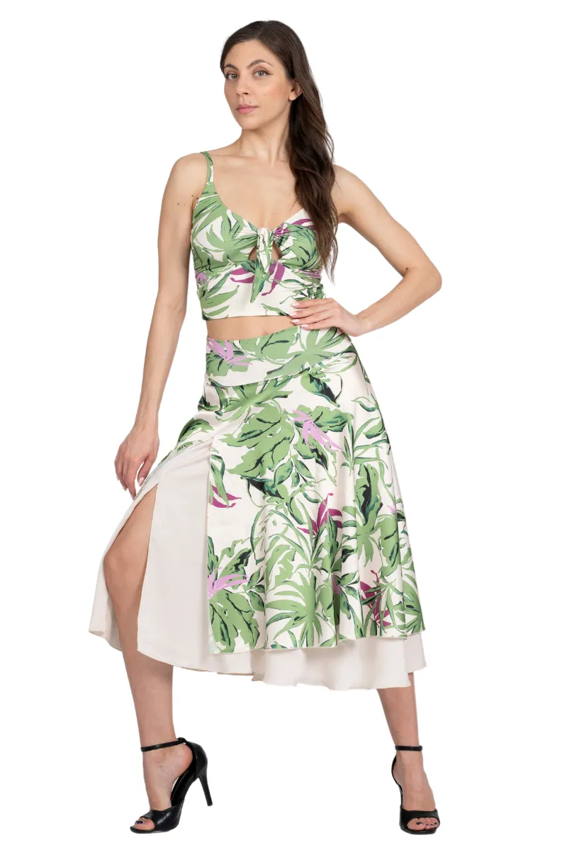 Leaf Print Two-layer Satin Dance Skirt