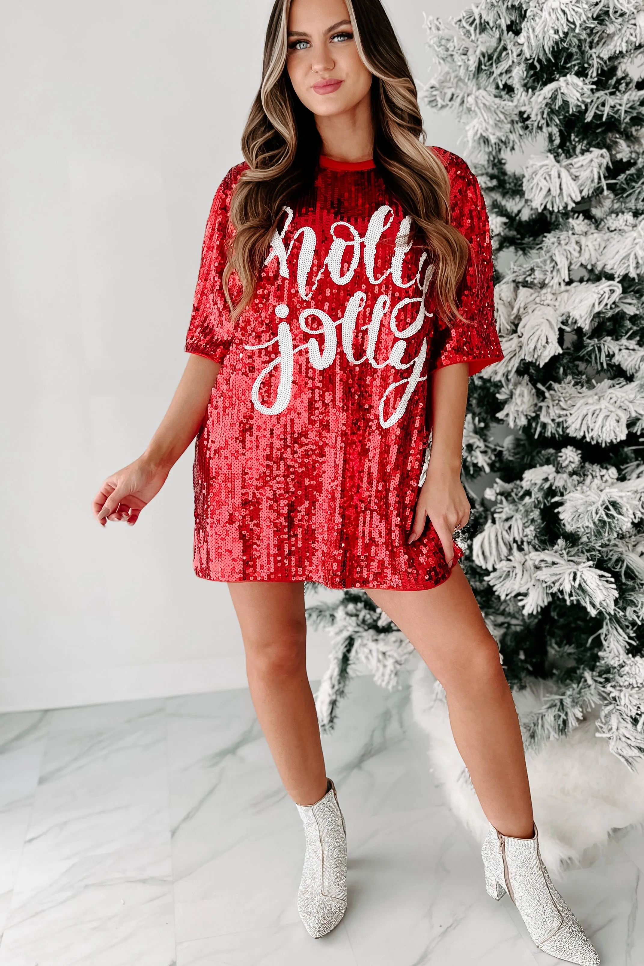 Little Holly, Little Jolly Sequin T-Shirt Dress (Red)