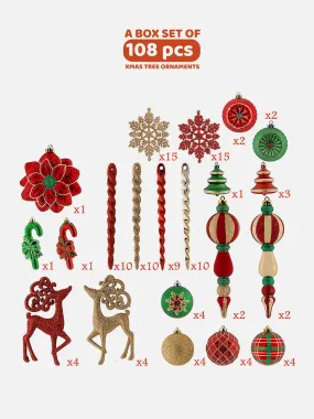 Little Surprise Box 108 pcs classic Red Green & Gold Poinsettia Christmas Balls tree hanging Xmas Decoration set.