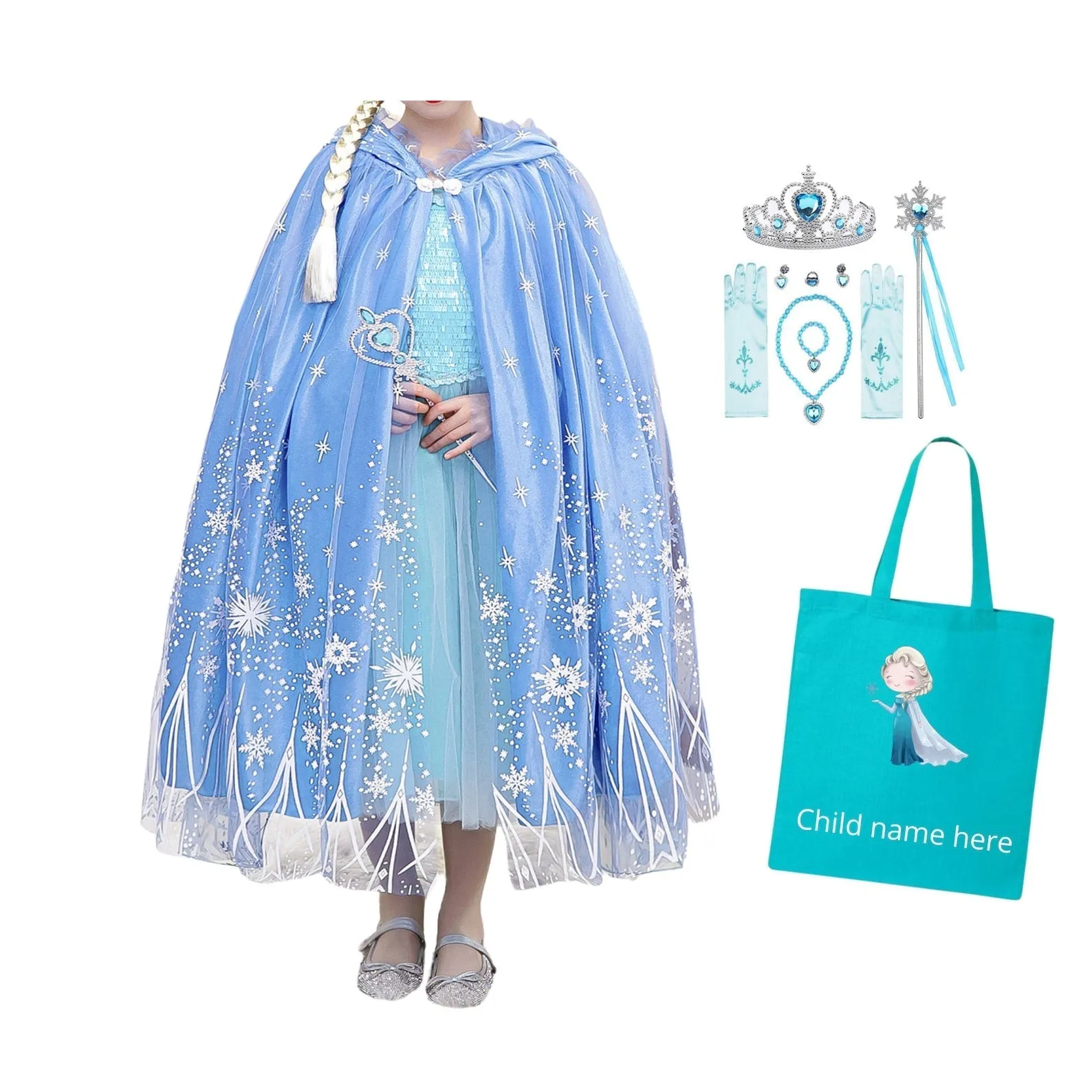 Luxury Cinderella and Elsa Cloak with Hooded Cape Sweater, Personalized Tote Bag, and Frozen Gift Set for Halloween