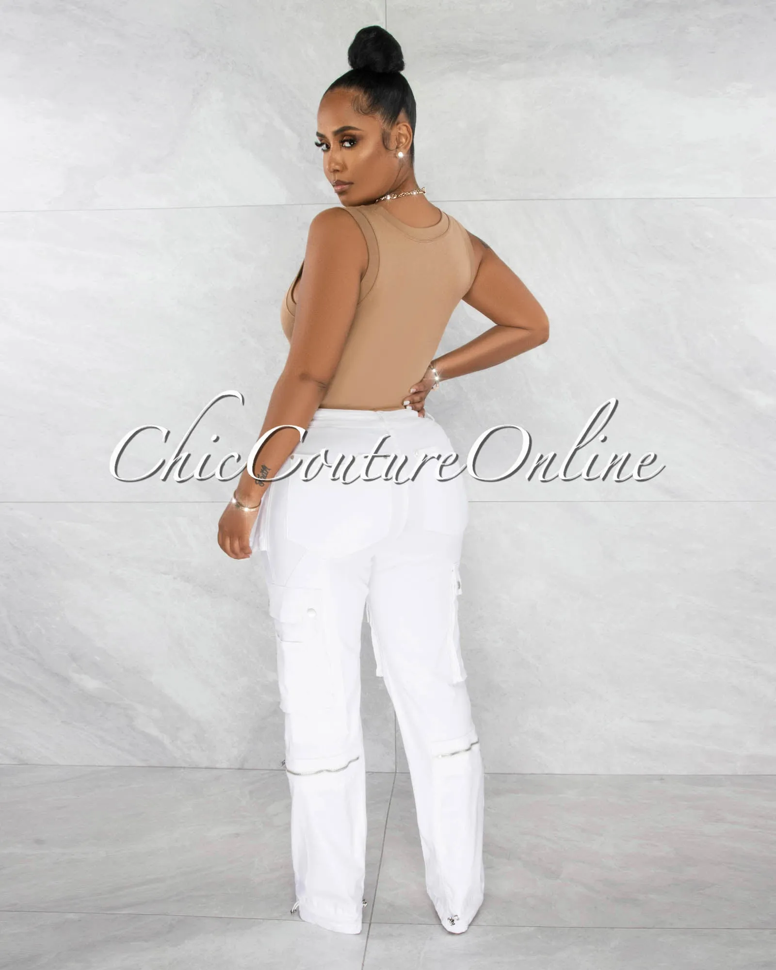 *Madison Off-White Silver Accents Wide Cargo Pants